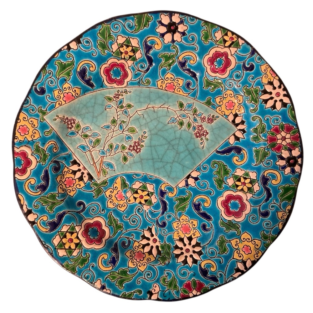 Antique Longwy Turquoise Floral Decorative Plate